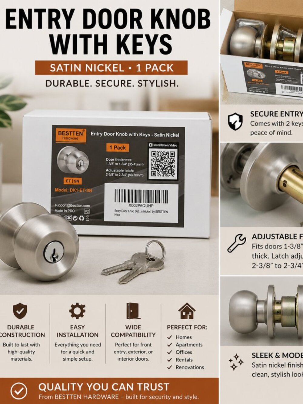 Bestten Satin Nickel Entry Door Knob Lock Set w/ Keys New